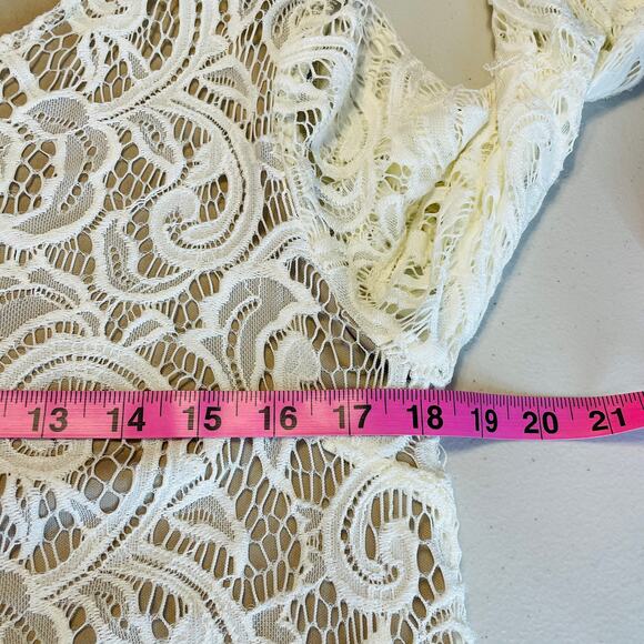 Tacera Cream Lace Overlay Sheer Bell Sleeve Cocktail Party Shift Dress S - Picture 12 of 14